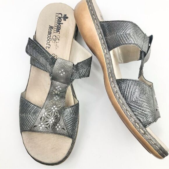Rieker Silver Metallic Laser Cut Rhinestone MemoSoft Antistress Slide Sandals - Picture 3 of 16
